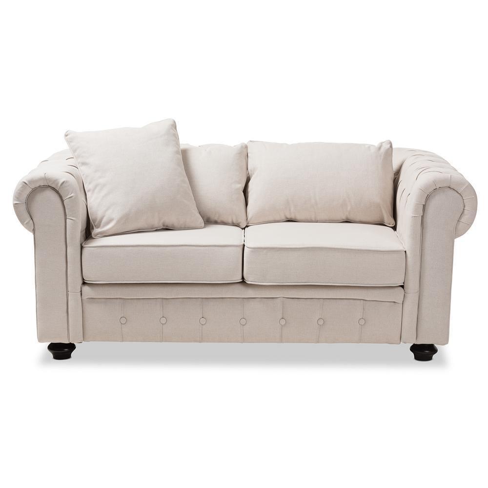 Alaise Modern Classic Beige Linen Tufted Scroll Arm Chesterfield Loveseat FredCo