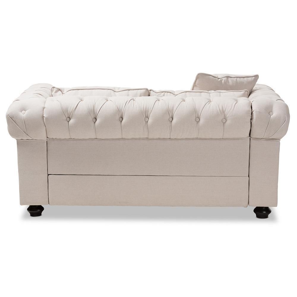Alaise Modern Classic Beige Linen Tufted Scroll Arm Chesterfield Loveseat FredCo
