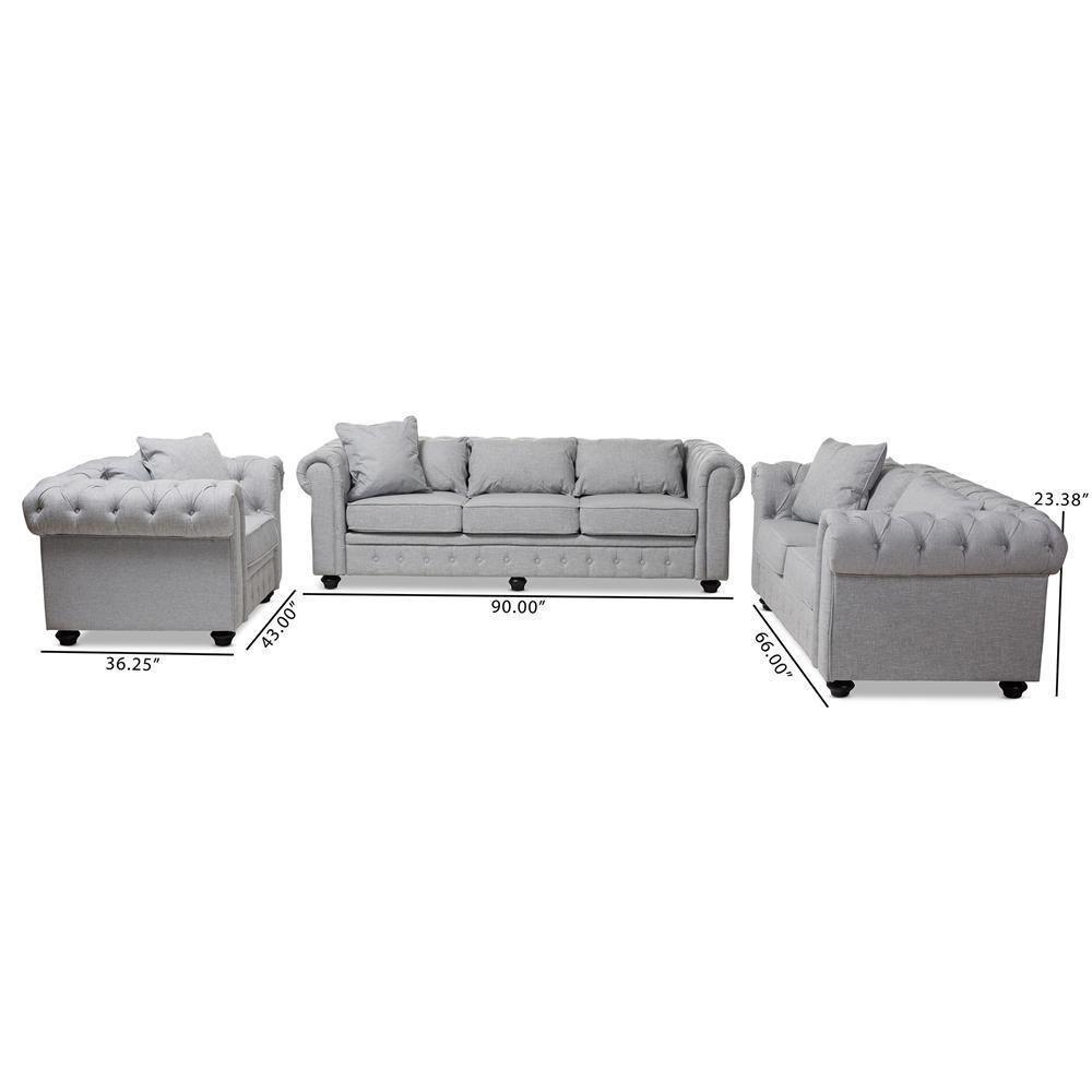 Alaise Modern Classic Grey Linen Tufted Scroll Arm Chesterfield 3-Piece Living Room Set FredCo