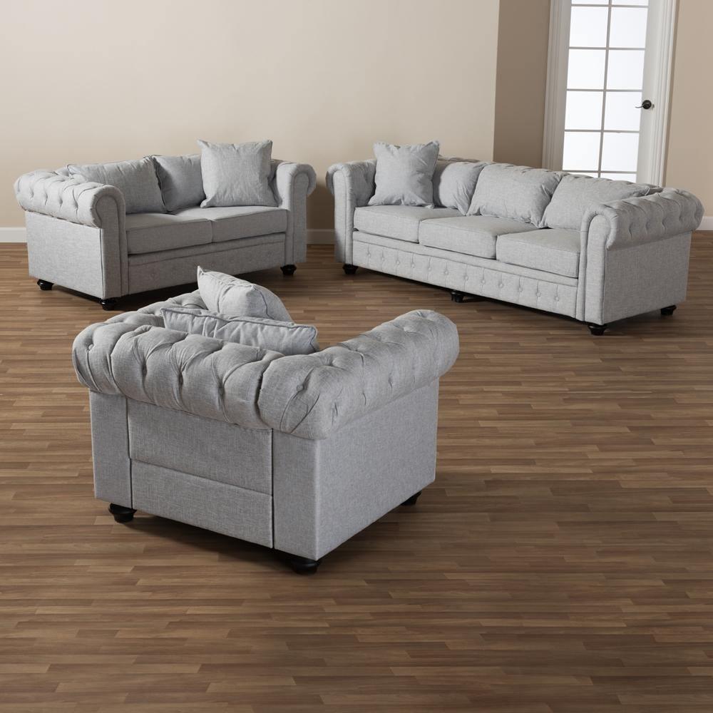 Alaise Modern Classic Grey Linen Tufted Scroll Arm Chesterfield 3-Piece Living Room Set FredCo