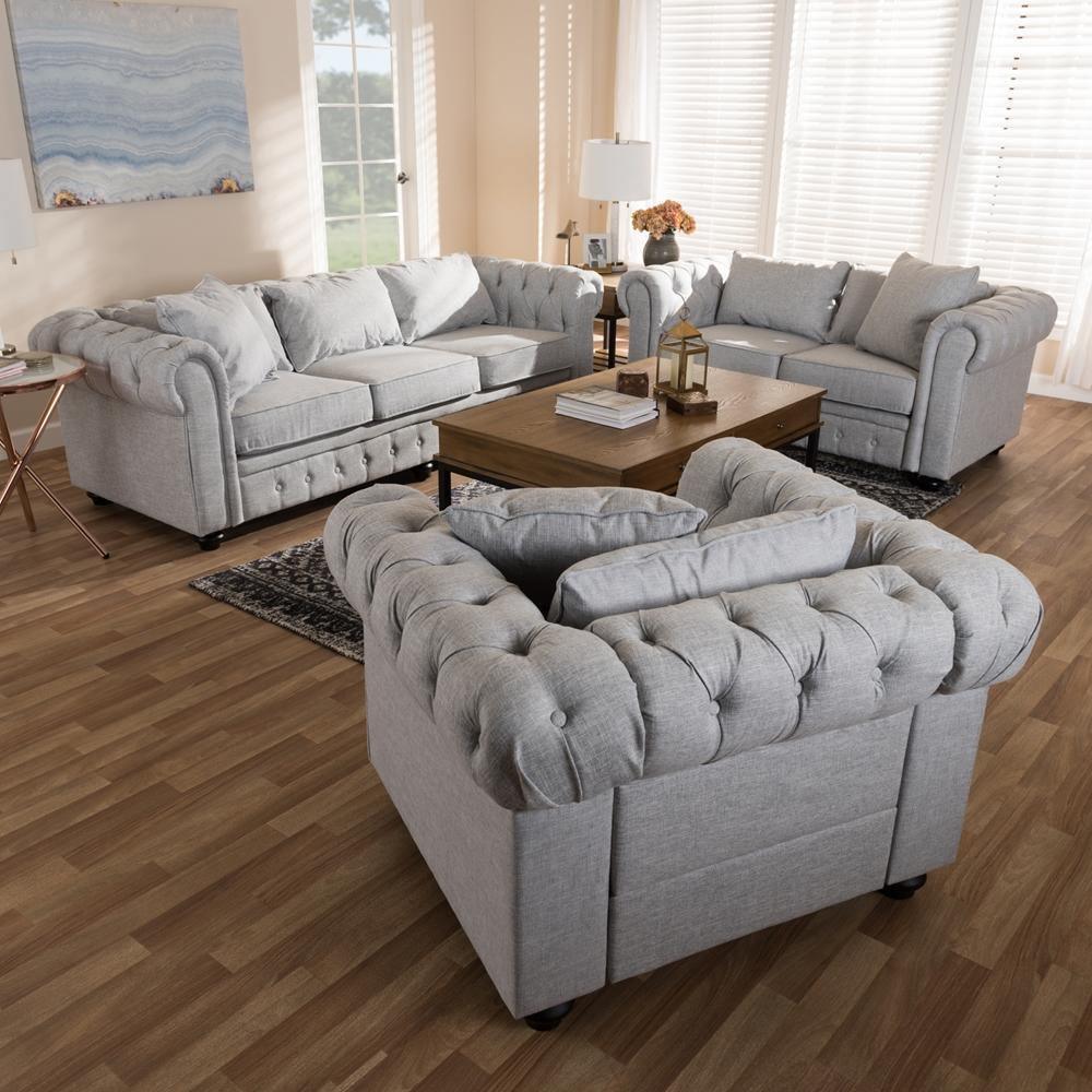 Alaise Modern Classic Grey Linen Tufted Scroll Arm Chesterfield 3-Piece Living Room Set FredCo