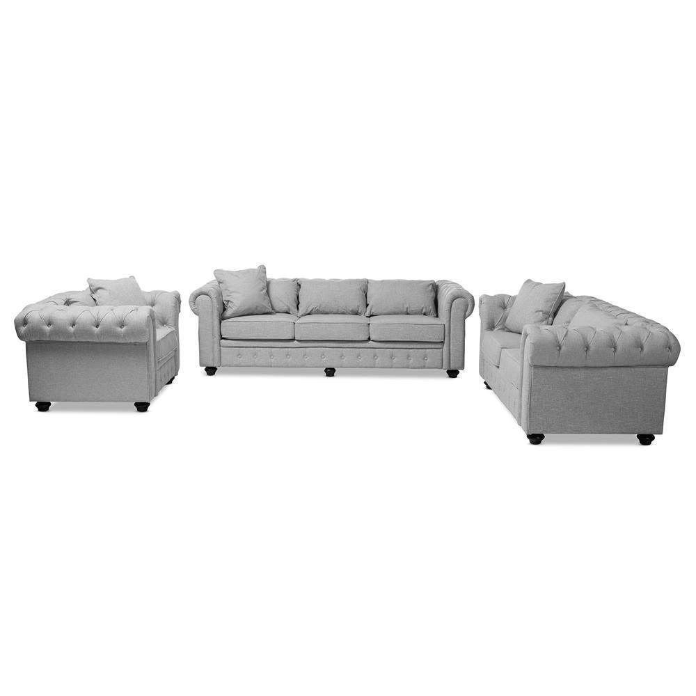 Alaise Modern Classic Grey Linen Tufted Scroll Arm Chesterfield 3-Piece Living Room Set FredCo