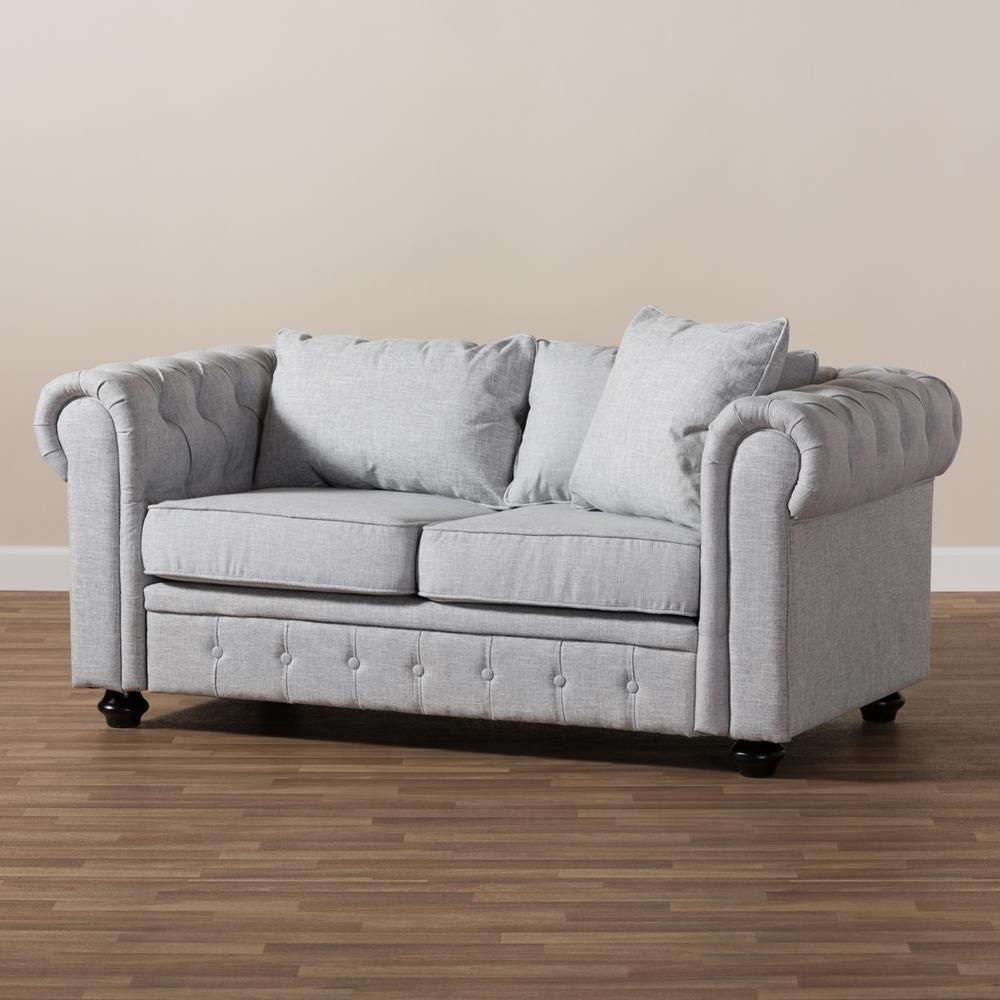 Alaise Modern Classic Grey Linen Tufted Scroll Arm Chesterfield Loveseat FredCo