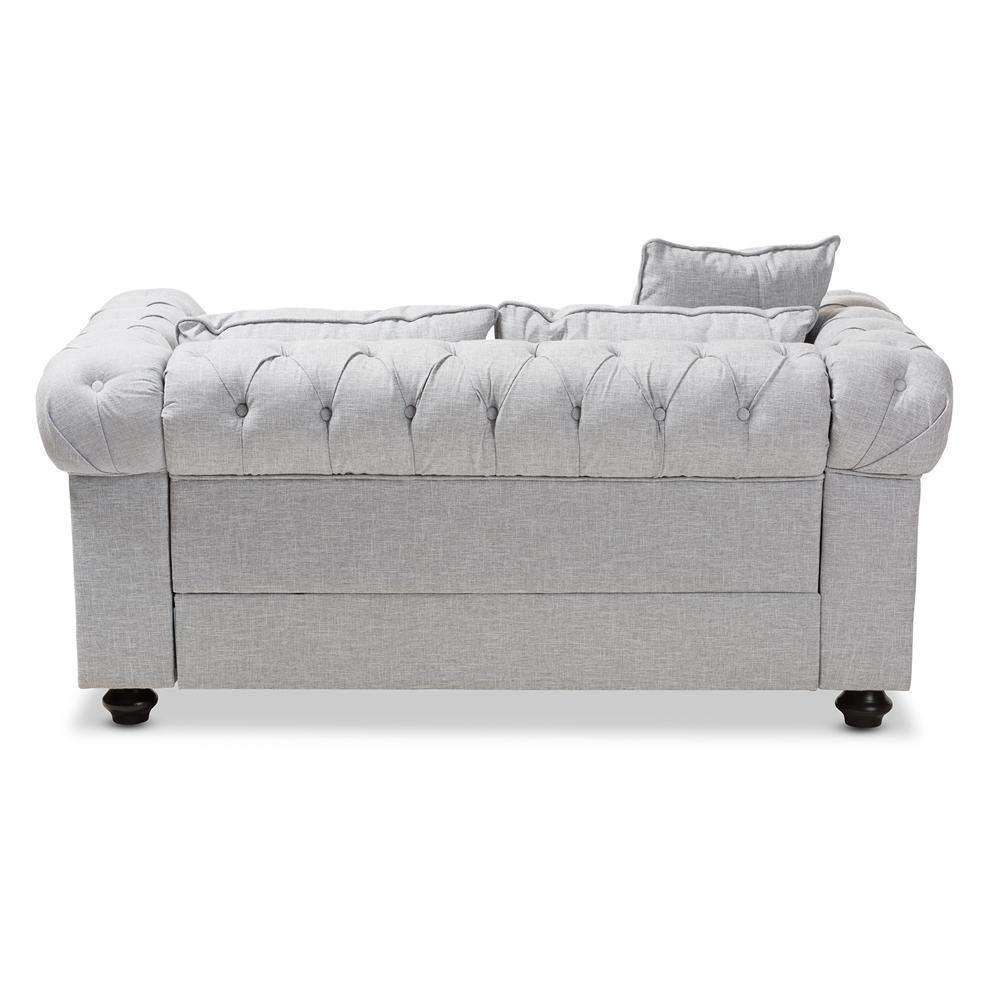 Alaise Modern Classic Grey Linen Tufted Scroll Arm Chesterfield Loveseat FredCo