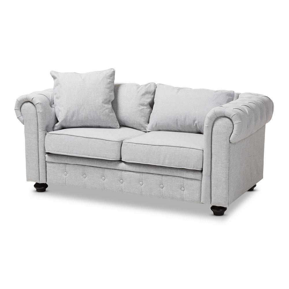 Alaise Modern Classic Grey Linen Tufted Scroll Arm Chesterfield Loveseat FredCo