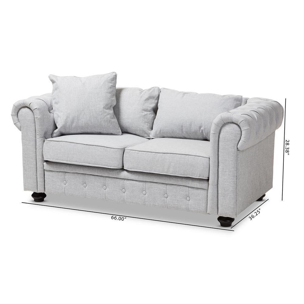 Alaise Modern Classic Grey Linen Tufted Scroll Arm Chesterfield Loveseat FredCo