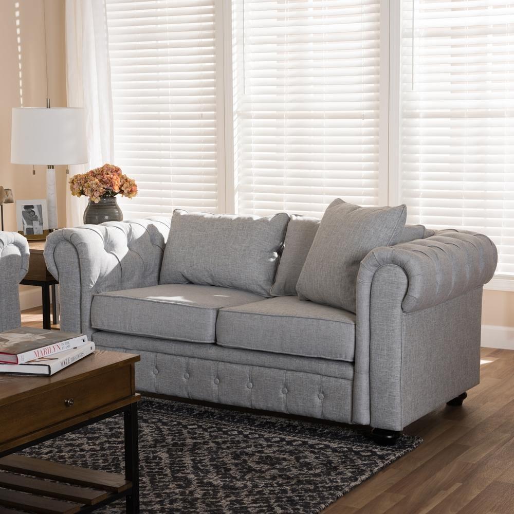 Alaise Modern Classic Grey Linen Tufted Scroll Arm Chesterfield Loveseat FredCo