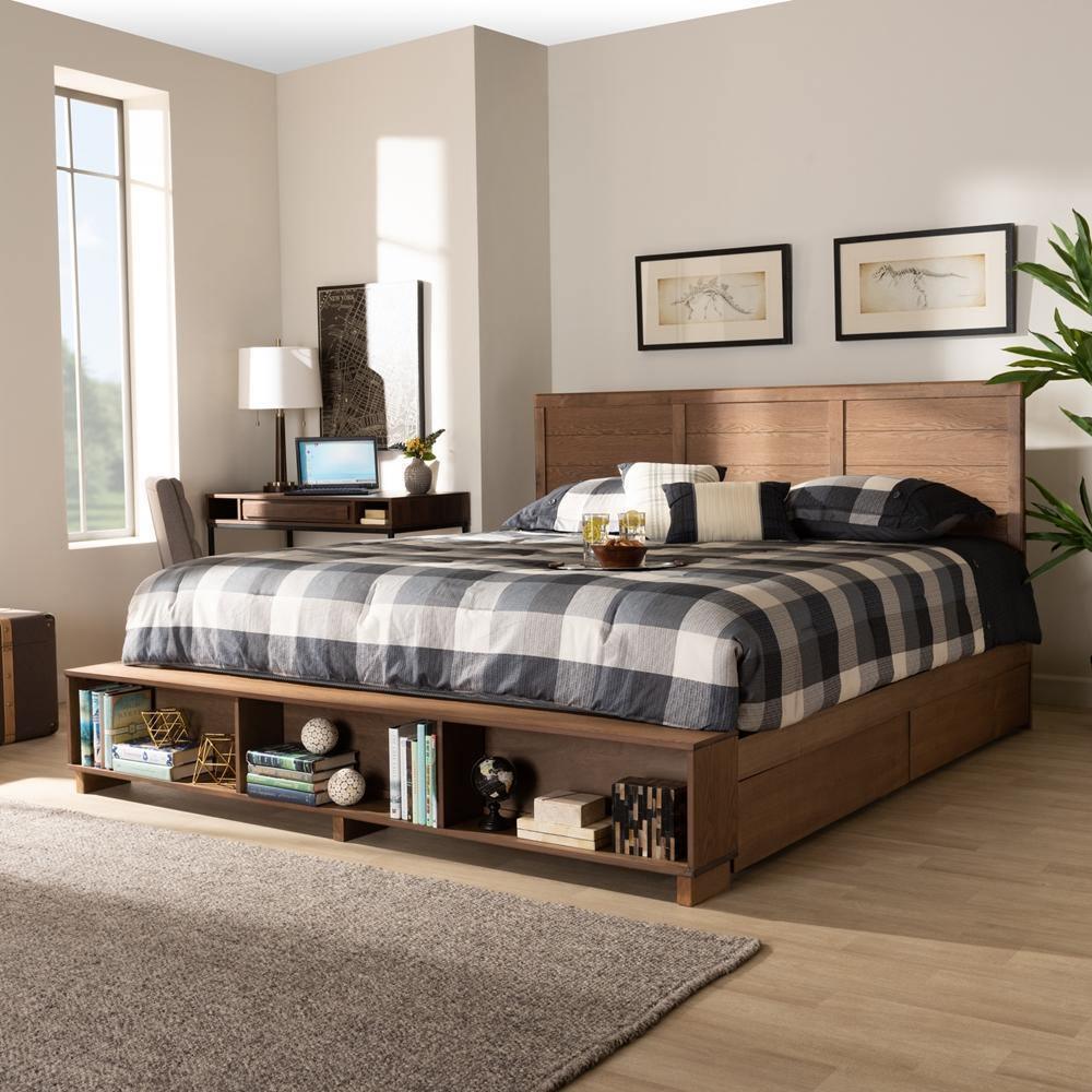 Alba Modern Transitional Ash Walnut Brown Finished Wood King Size 4-Drawer Platform Storage Bed with Built-In Shelves FredCo