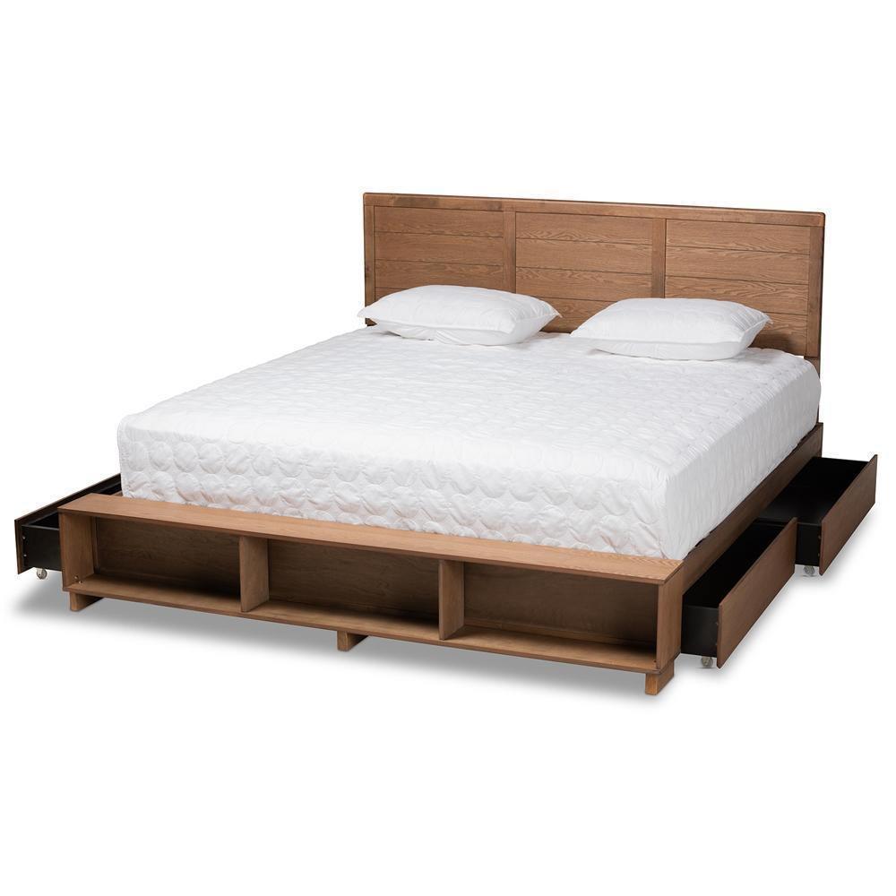 Alba Modern Transitional Ash Walnut Brown Finished Wood King Size 4-Drawer Platform Storage Bed with Built-In Shelves FredCo