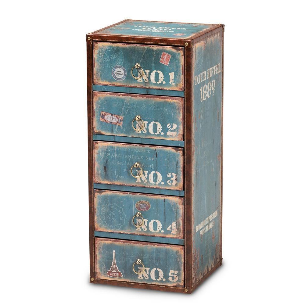 Alba Vintage Rustic French Inspired Blue Finished Wood 5-Drawer Accent Storage Cabinet FredCo