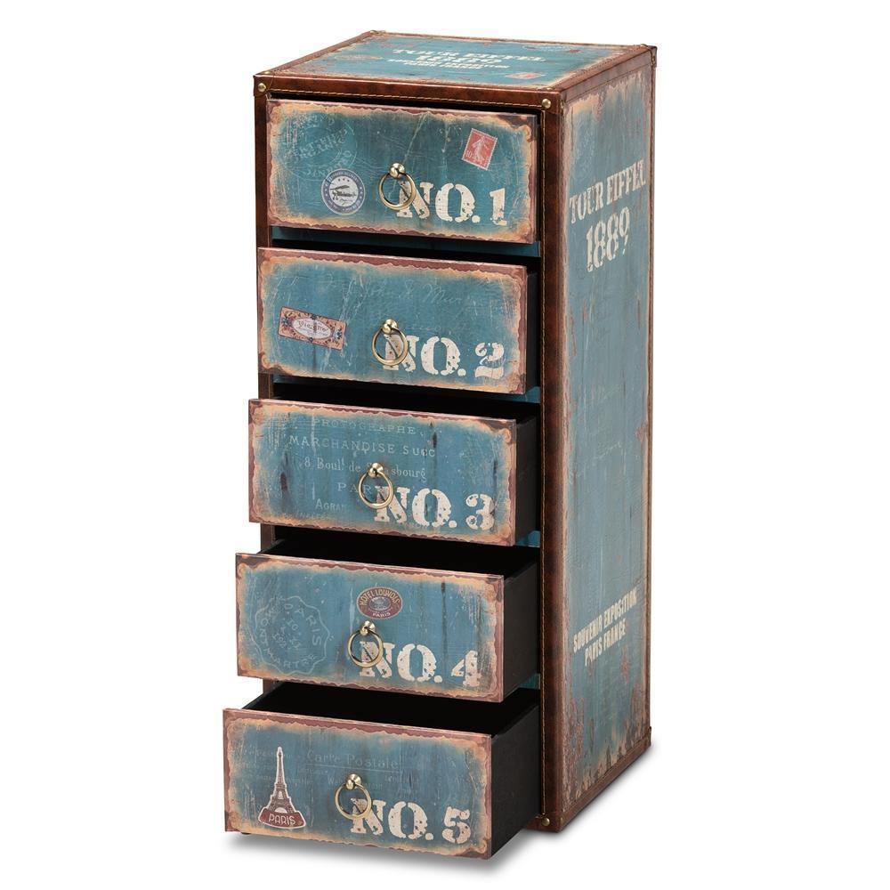 Alba Vintage Rustic French Inspired Blue Finished Wood 5-Drawer Accent Storage Cabinet FredCo