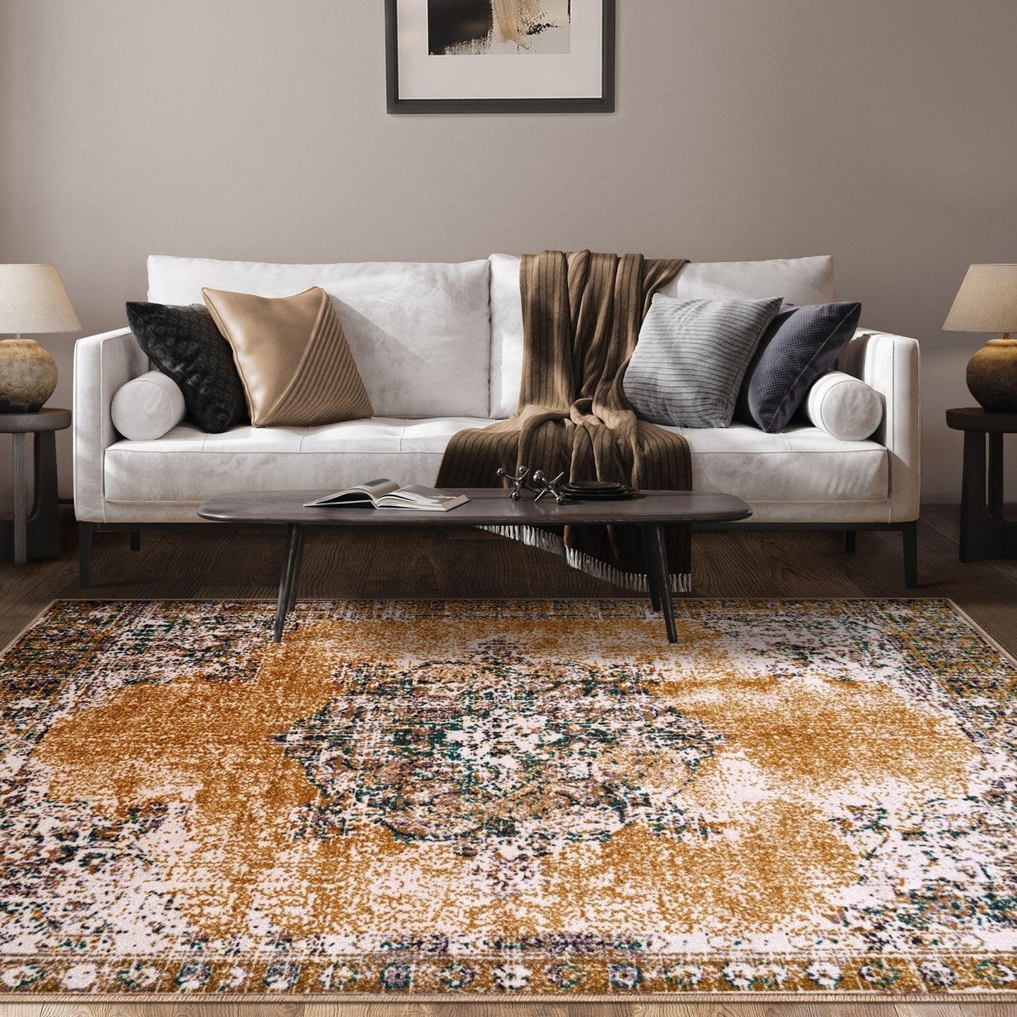 Aldrich Area Rug, Oriental Medallion Pattern, Distressed Finish, Non-Slip, Foam Backing FredCo