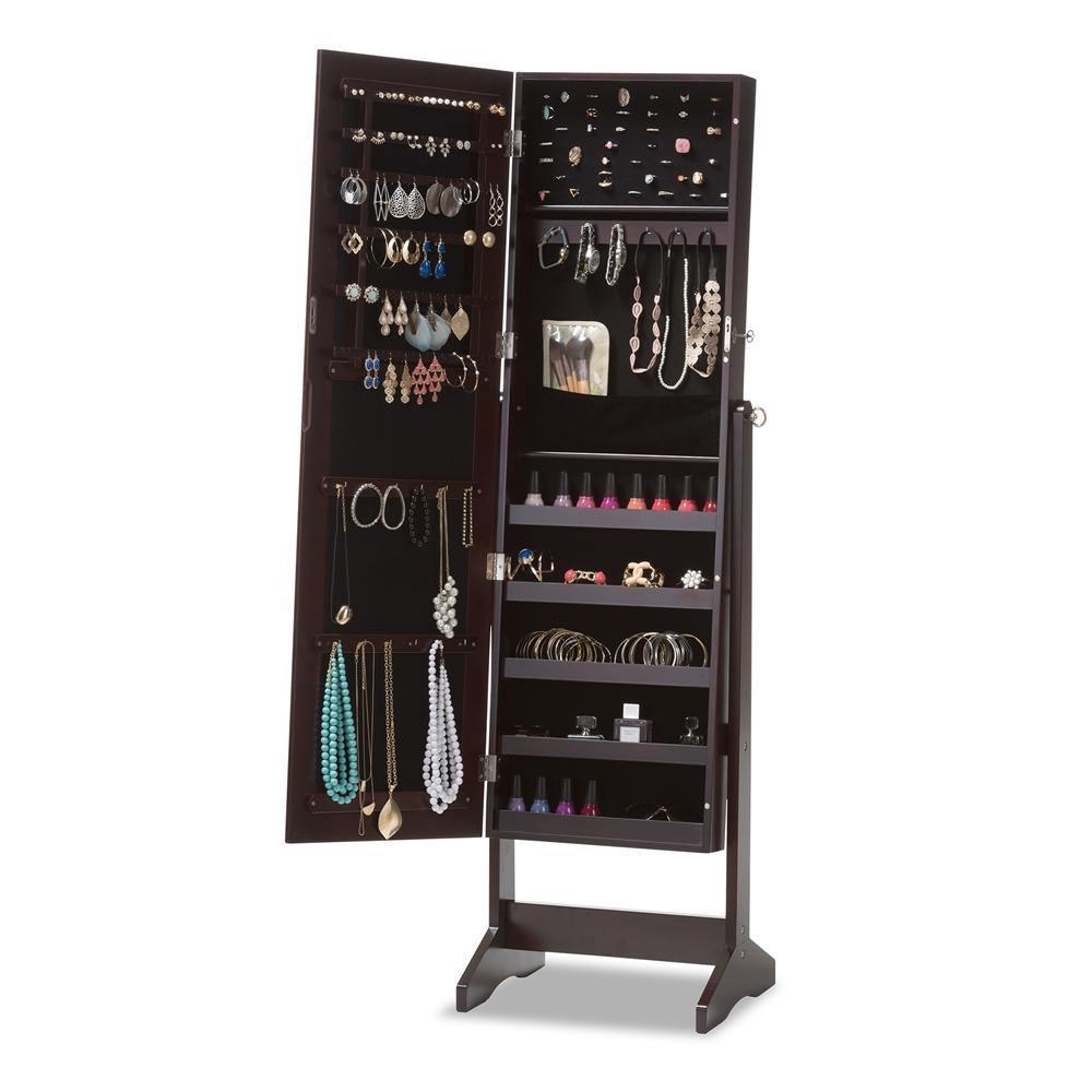 Alena Brown Finishing Wood Free Standing Cheval Mirror Jewelry Armoire FredCo
