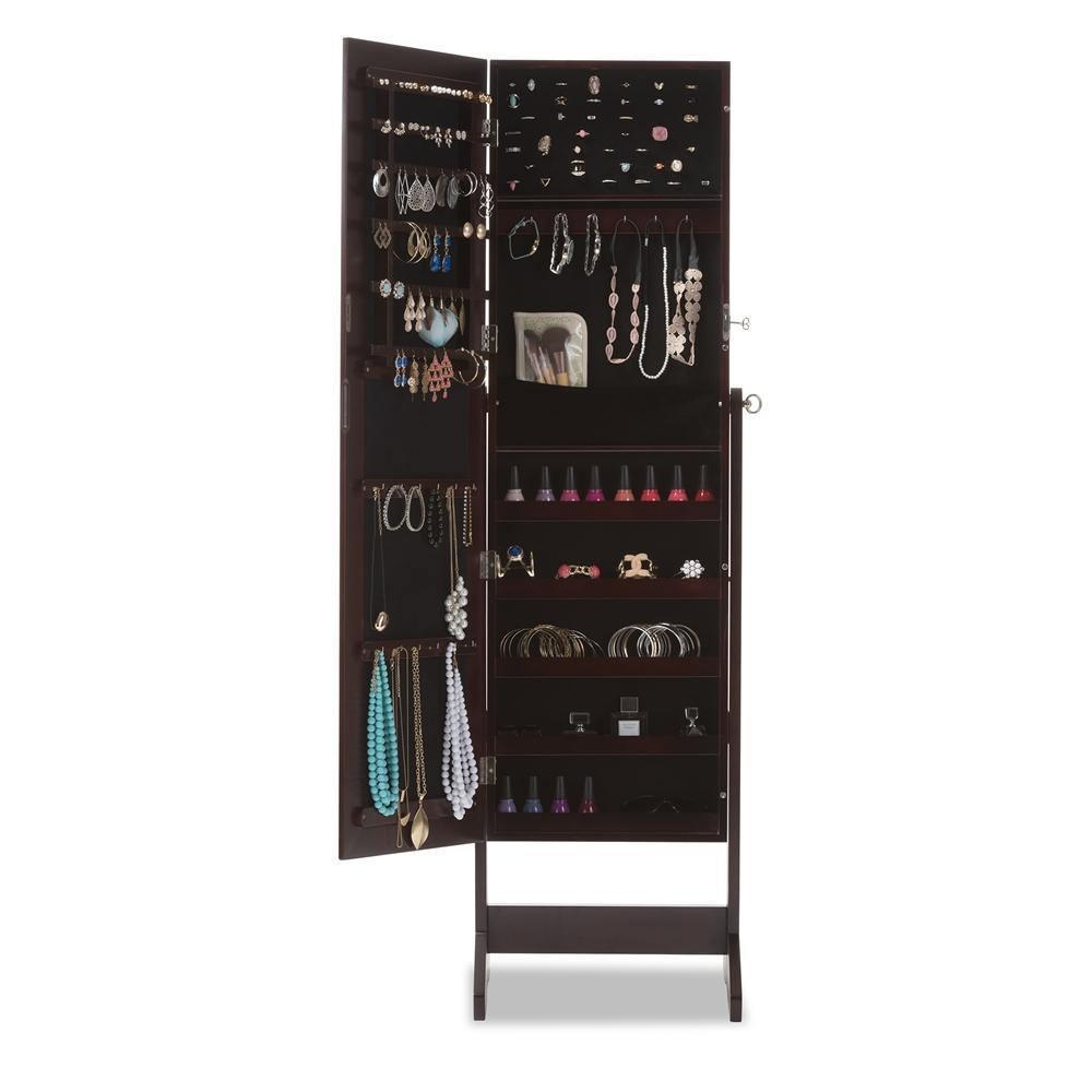 Alena Brown Finishing Wood Free Standing Cheval Mirror Jewelry Armoire FredCo