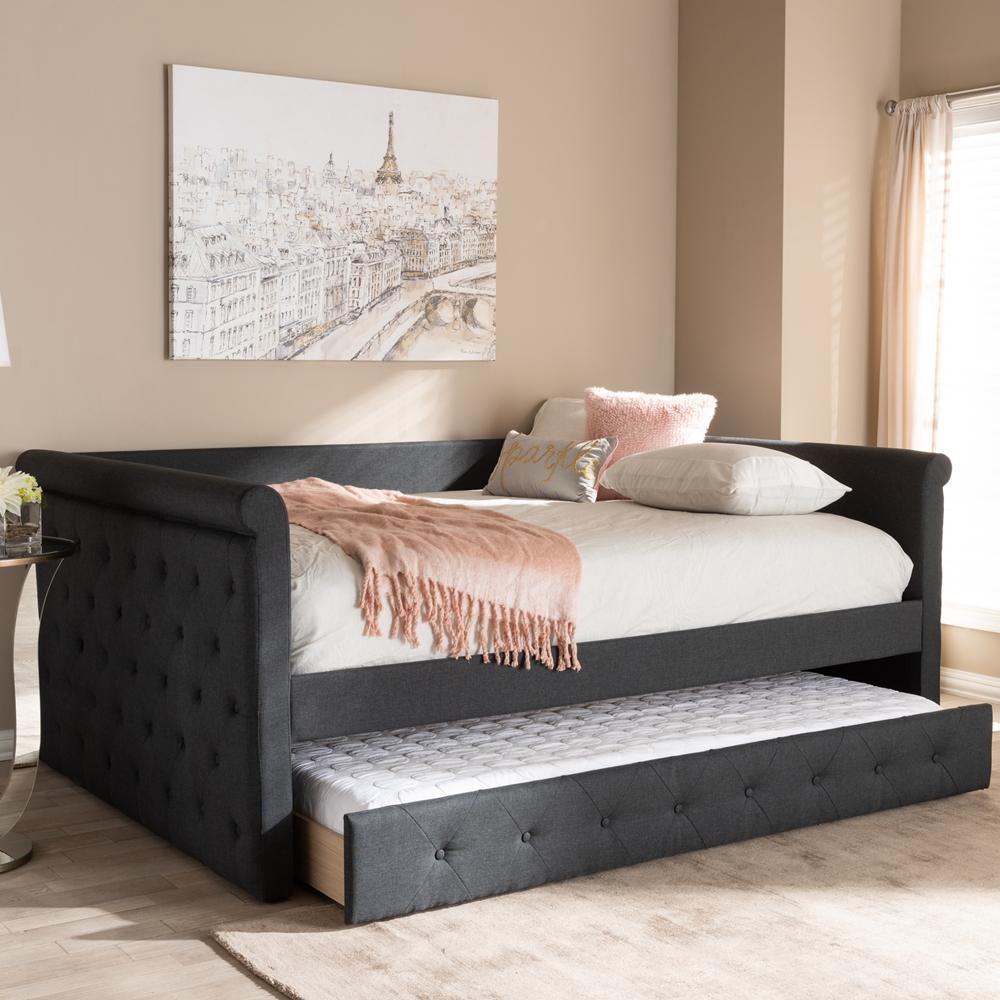 Alena Modern and Contemporary Dark Grey Fabric Upholstered Queen Size Daybed with Trundle FredCo