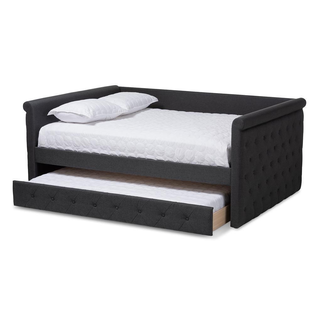 Alena Modern and Contemporary Dark Grey Fabric Upholstered Queen Size Daybed with Trundle FredCo