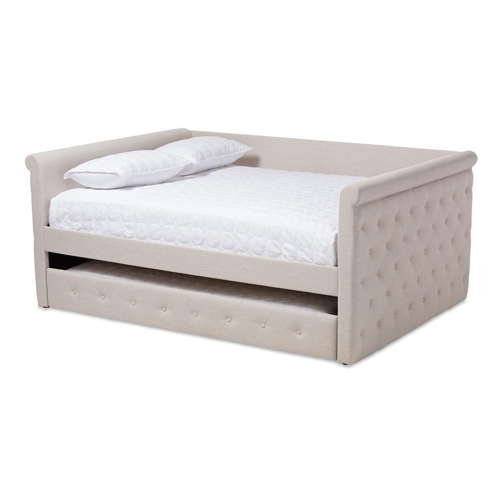 Alena Modern and Contemporary Light Beige Fabric Upholstered Queen Size Daybed with Trundle FredCo
