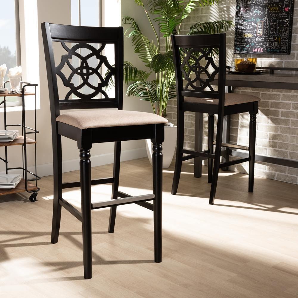 Alexandra Modern and Contemporary Sand Fabric Upholstered and Espresso Brown Finished Wood 2-Piece Bar Stool Set FredCo
