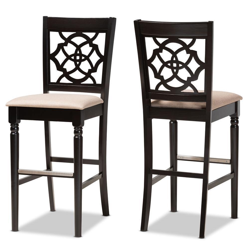 Alexandra Modern and Contemporary Sand Fabric Upholstered and Espresso Brown Finished Wood 2-Piece Bar Stool Set FredCo