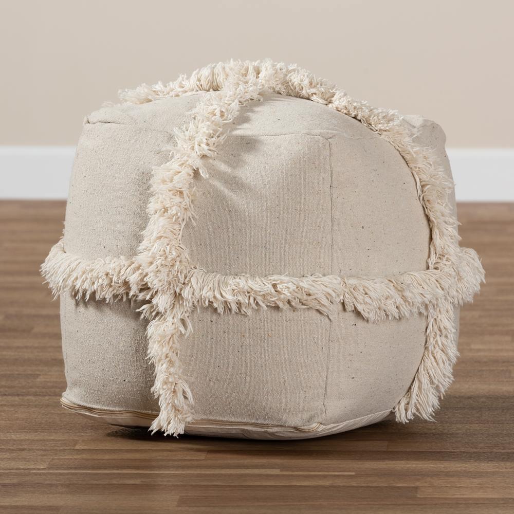 Alfro Moroccan Inspired Beige Handwoven Cotton Fringe Pouf Ottoman FredCo