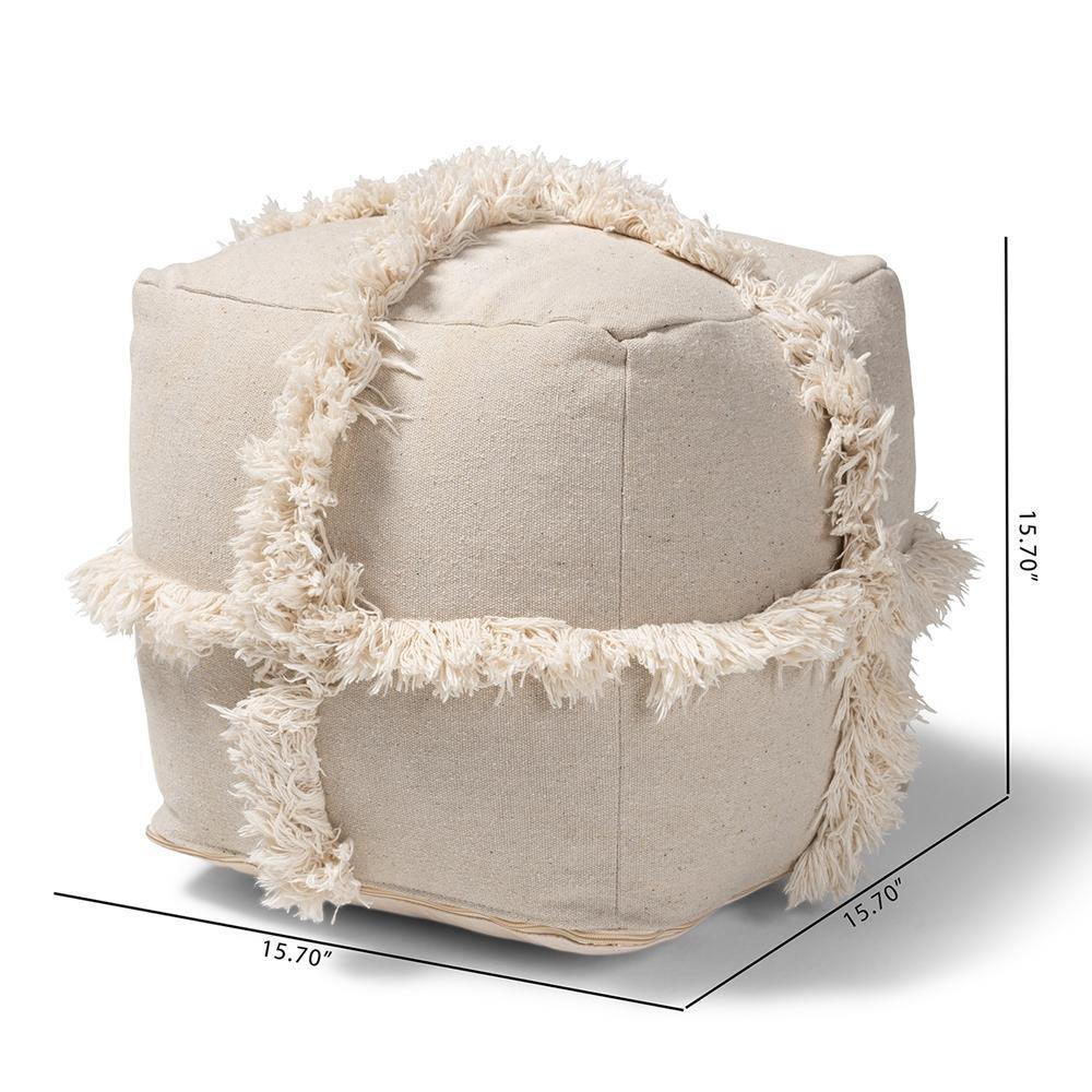 Alfro Moroccan Inspired Beige Handwoven Cotton Fringe Pouf Ottoman FredCo