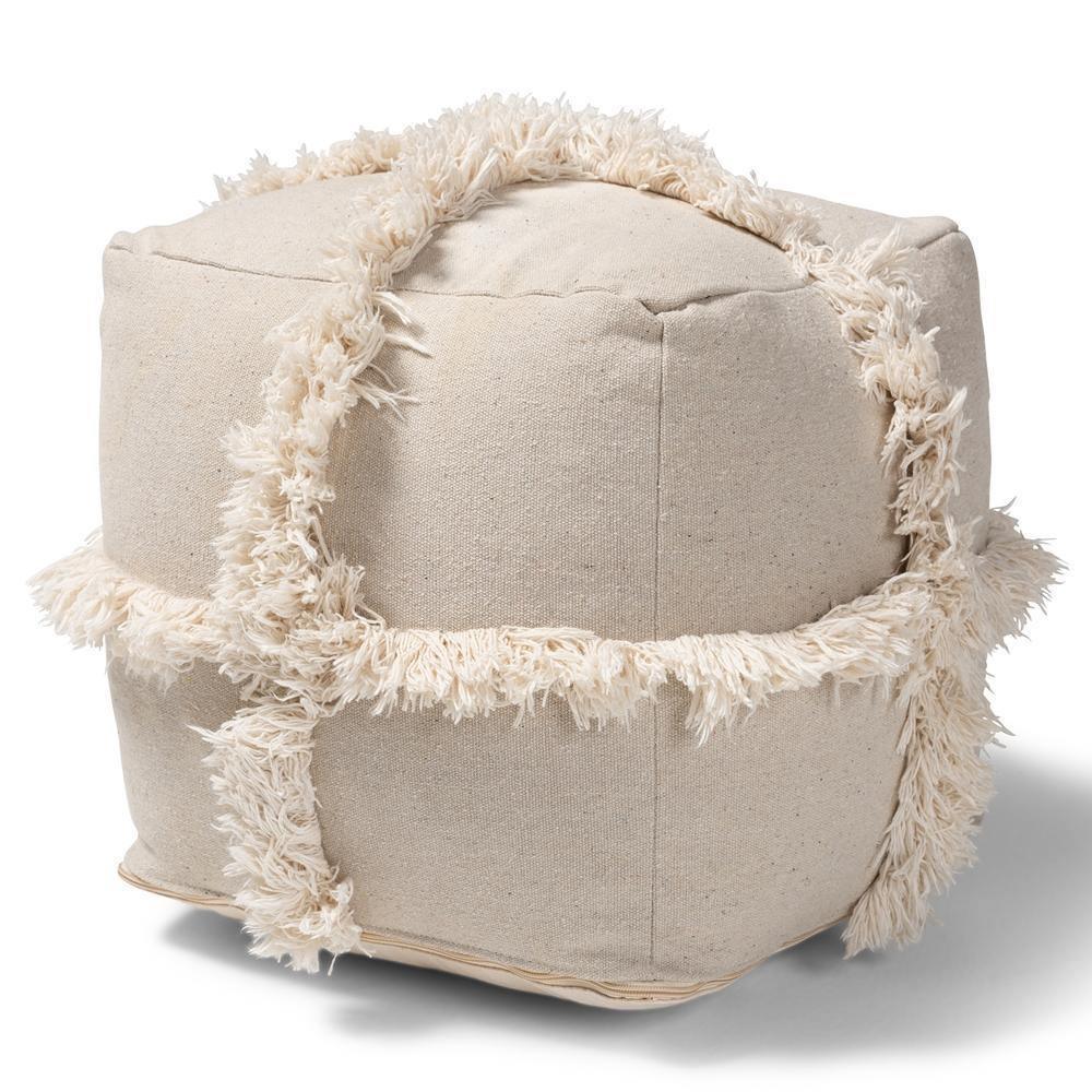 Alfro Moroccan Inspired Beige Handwoven Cotton Fringe Pouf Ottoman FredCo