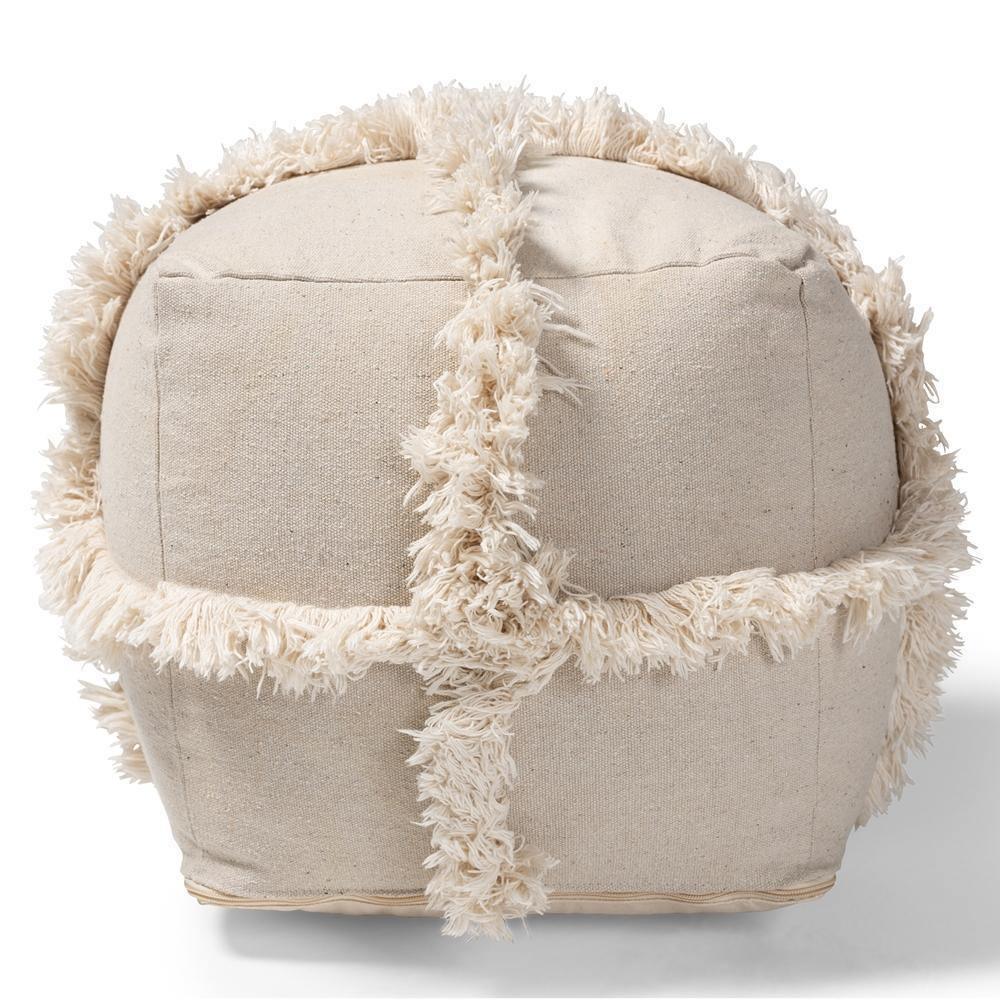 Alfro Moroccan Inspired Beige Handwoven Cotton Fringe Pouf Ottoman FredCo