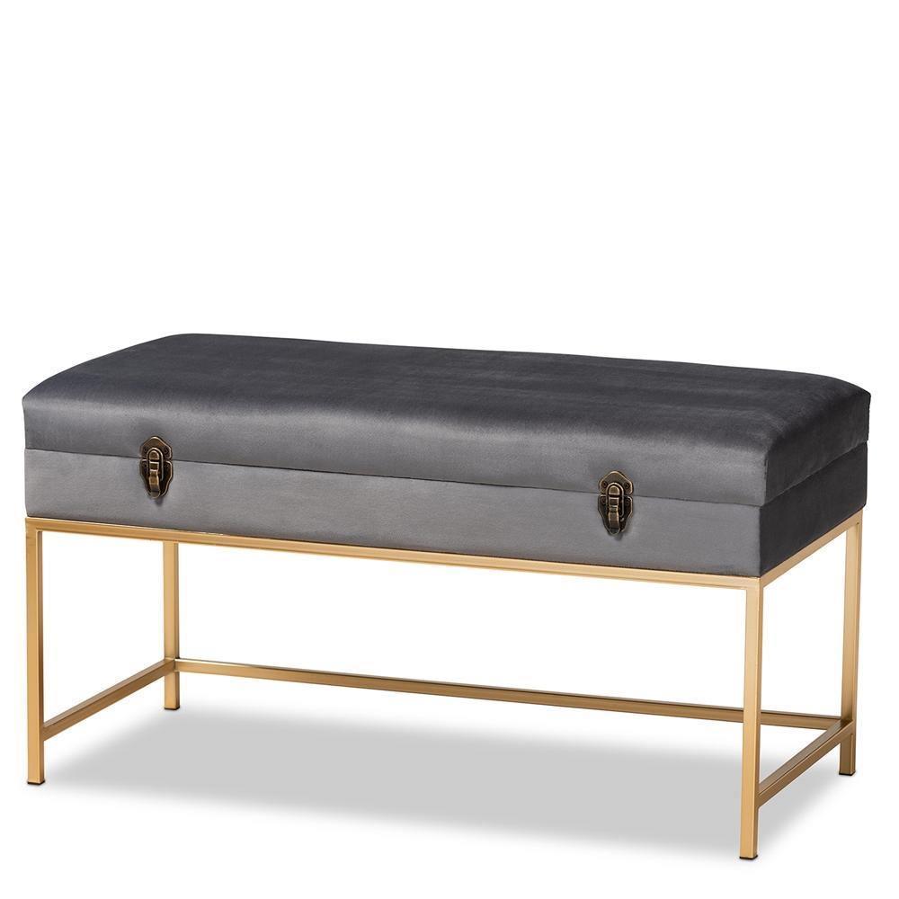 Aliana Glam and Luxe Grey Velvet Fabric Upholstered and Gold Finished Metal Large Storage Ottoman FredCo
