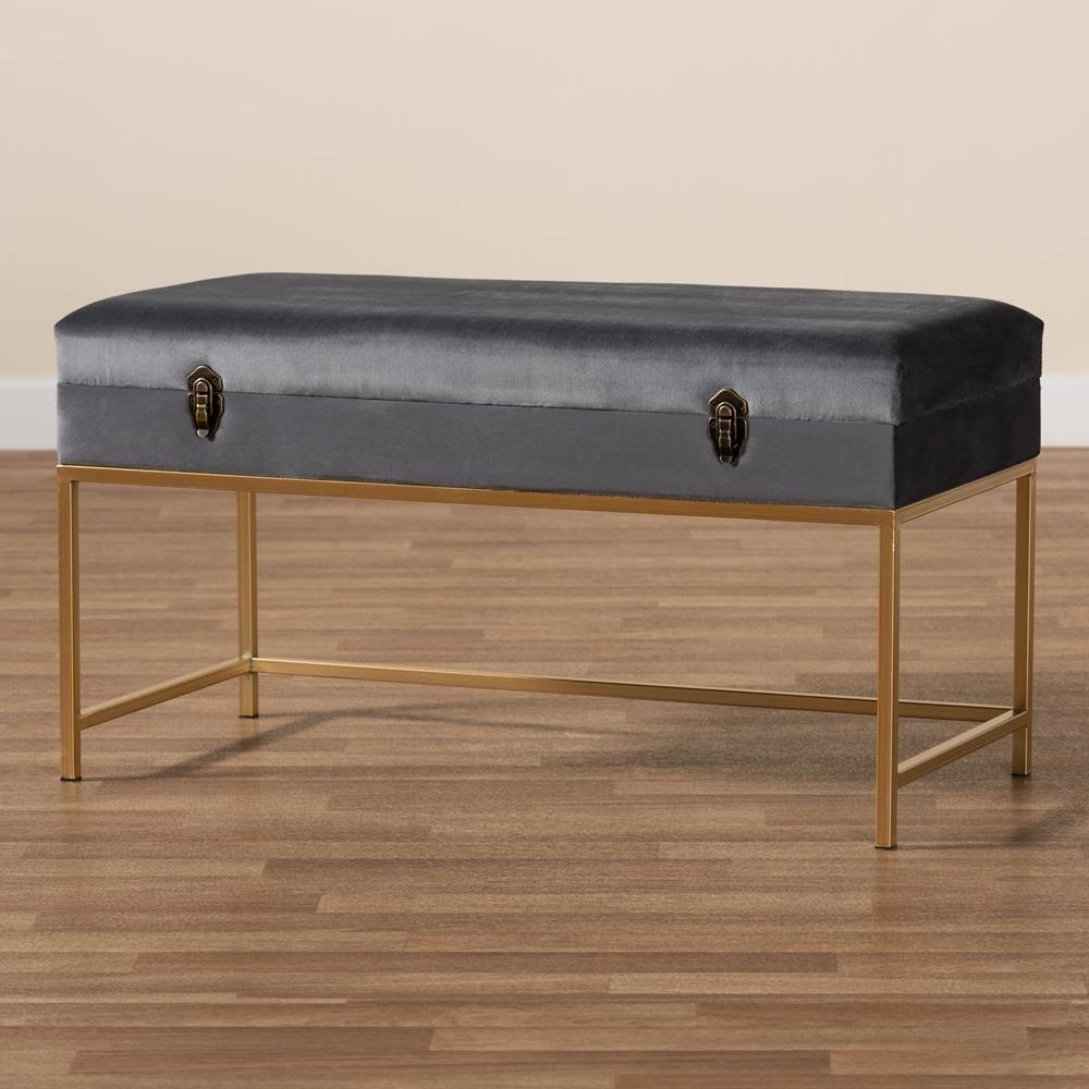 Aliana Glam and Luxe Grey Velvet Fabric Upholstered and Gold Finished Metal Large Storage Ottoman FredCo