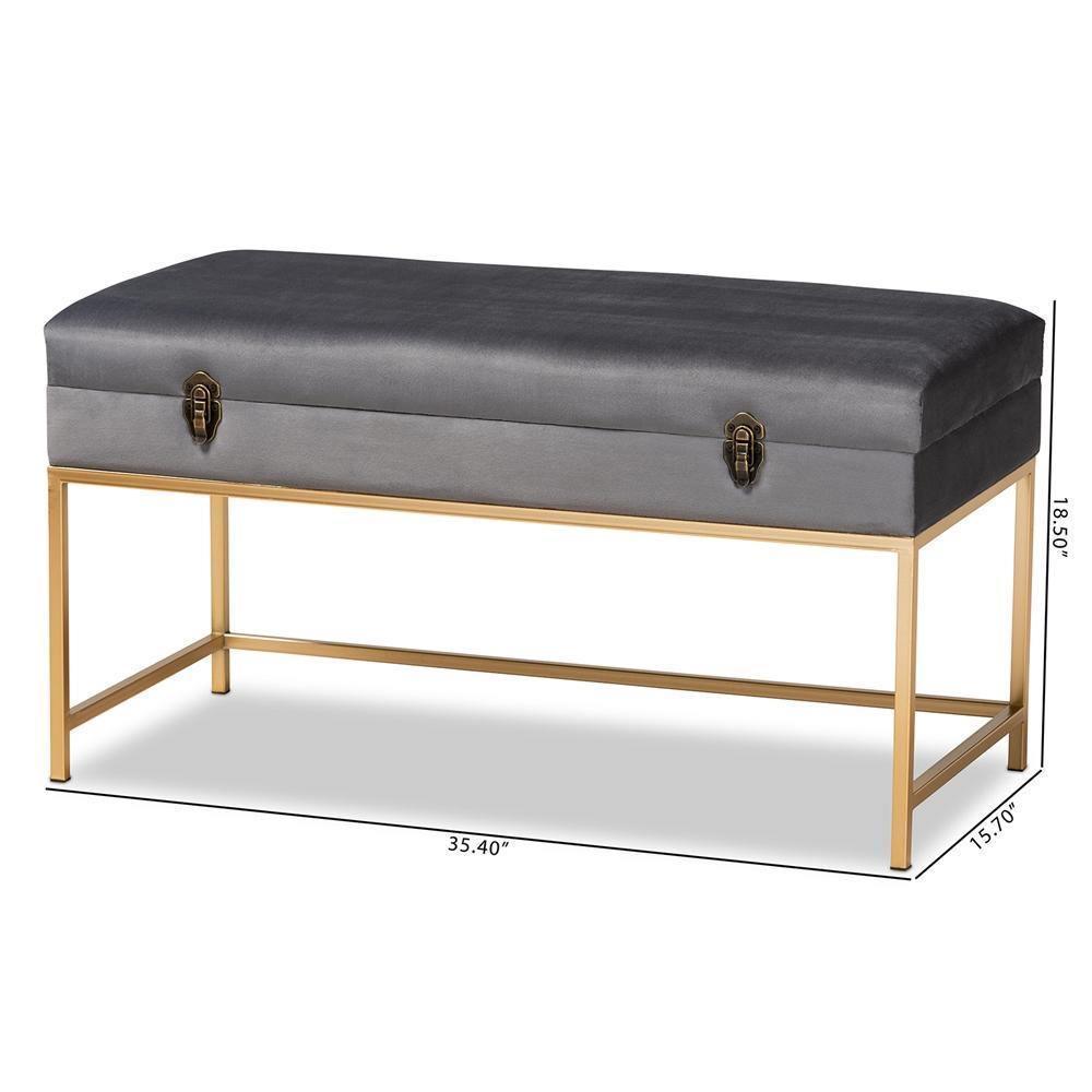 Aliana Glam and Luxe Grey Velvet Fabric Upholstered and Gold Finished Metal Large Storage Ottoman FredCo