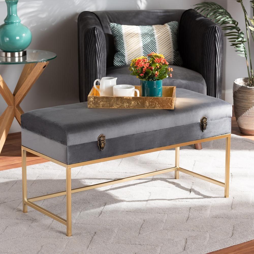 Aliana Glam and Luxe Grey Velvet Fabric Upholstered and Gold Finished Metal Large Storage Ottoman FredCo