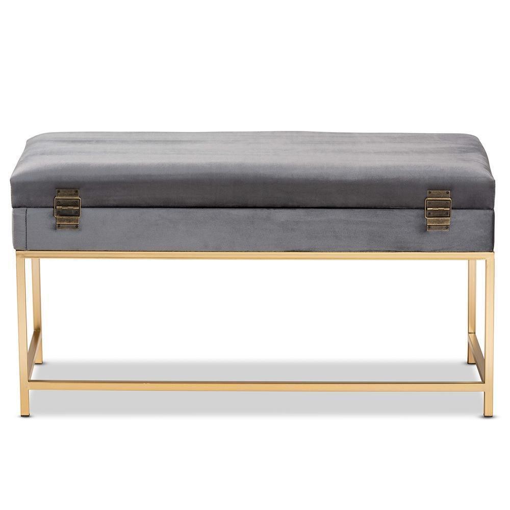 Aliana Glam and Luxe Grey Velvet Fabric Upholstered and Gold Finished Metal Large Storage Ottoman FredCo