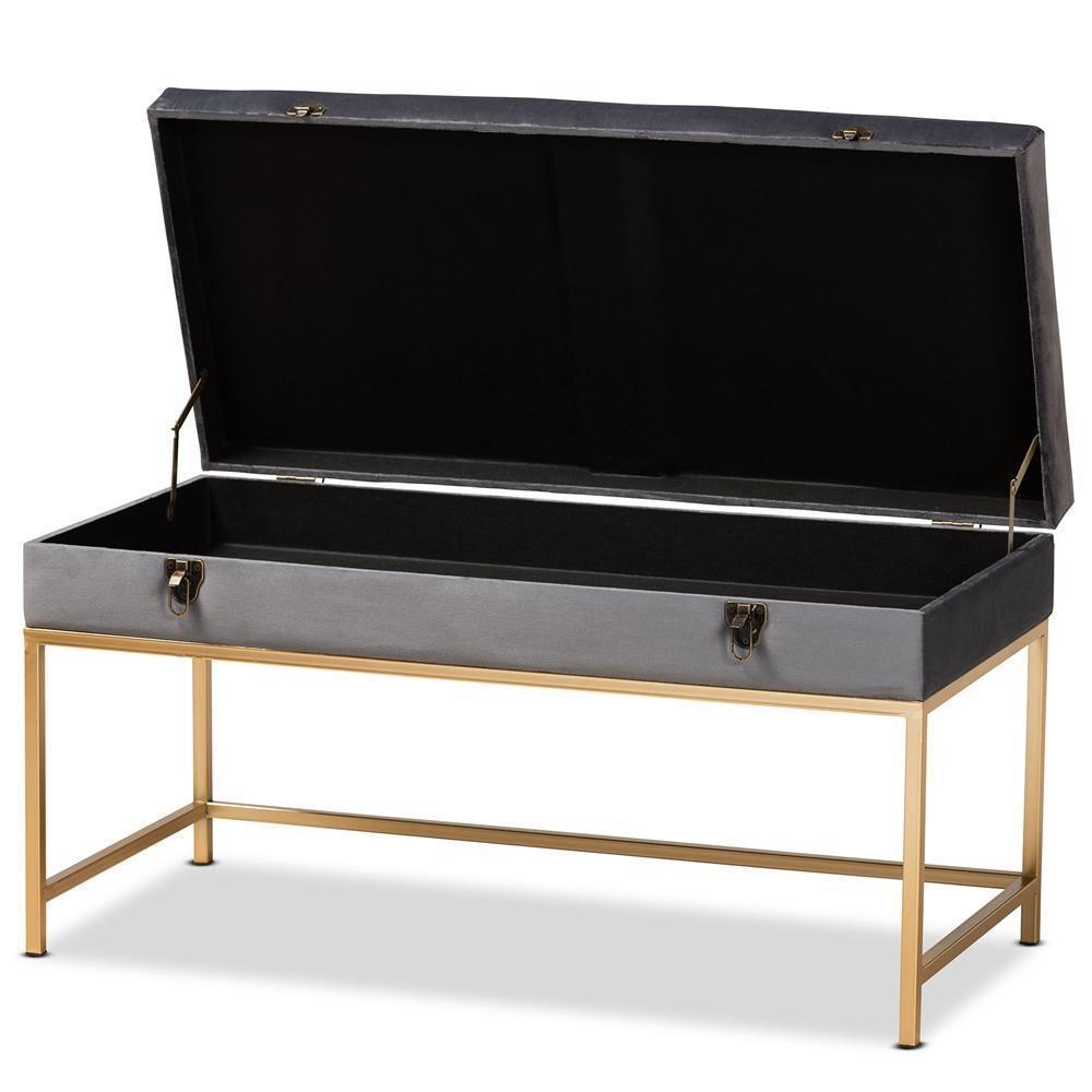 Aliana Glam and Luxe Grey Velvet Fabric Upholstered and Gold Finished Metal Large Storage Ottoman FredCo
