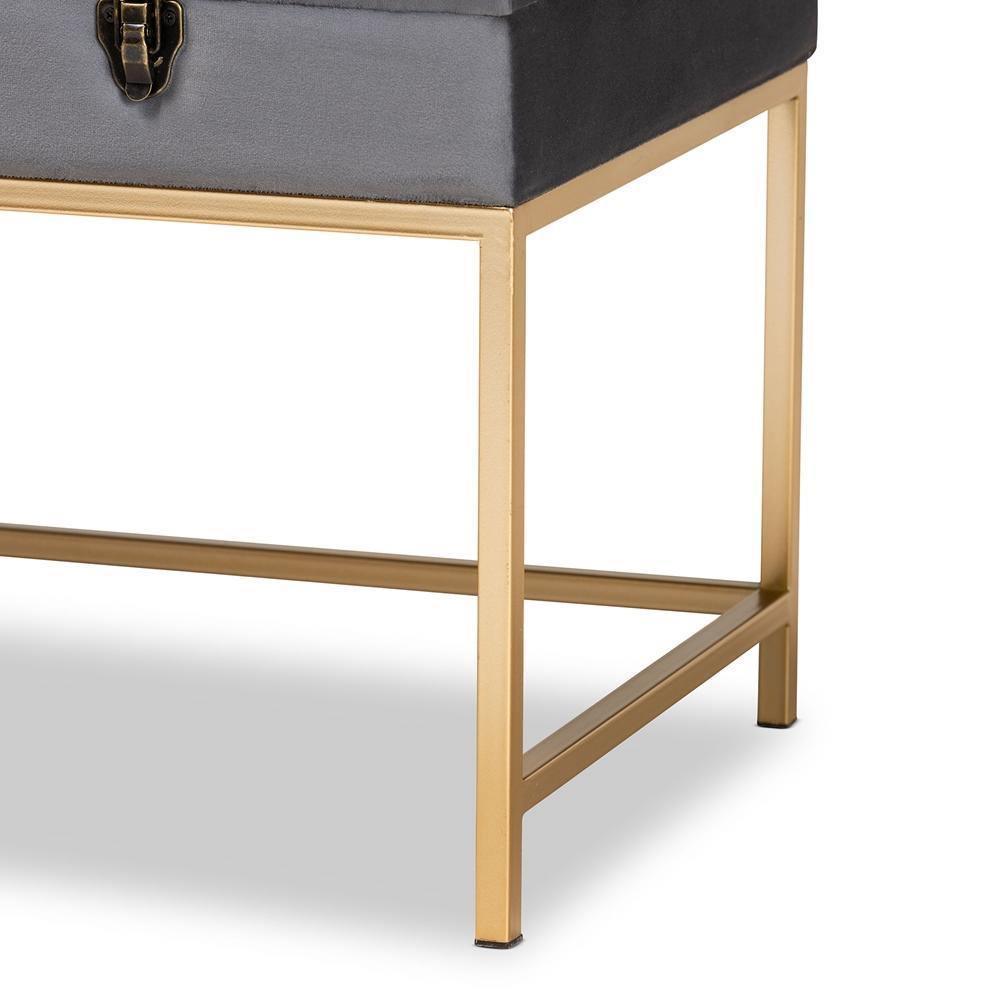 Aliana Glam and Luxe Grey Velvet Fabric Upholstered and Gold Finished Metal Large Storage Ottoman FredCo