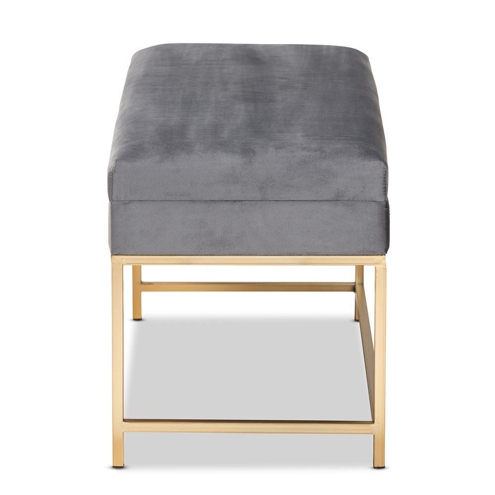 Aliana Glam and Luxe Grey Velvet Fabric Upholstered and Gold Finished Metal Large Storage Ottoman FredCo