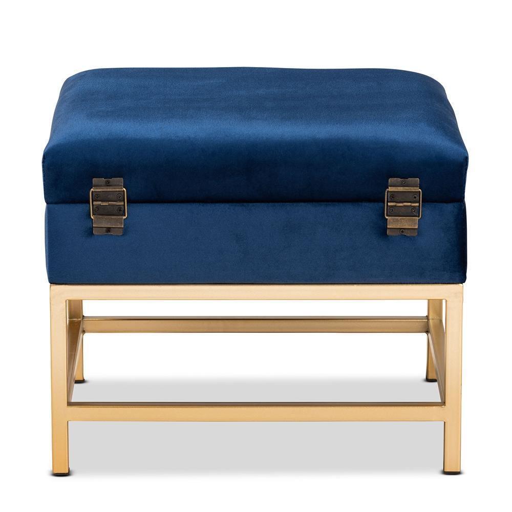 Aliana Glam and Luxe Navy Blue Velvet Fabric Upholstered and Gold Finished Metal Small Storage Ottoman FredCo