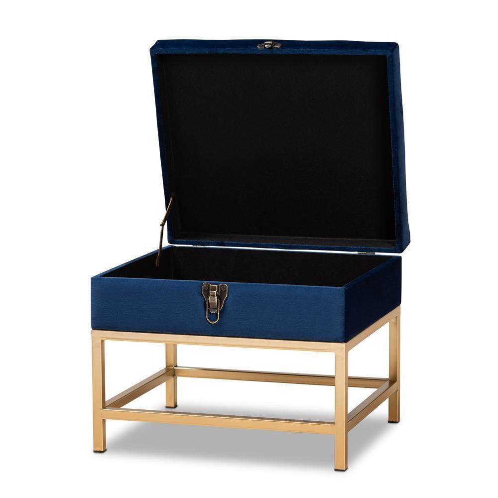 Aliana Glam and Luxe Navy Blue Velvet Fabric Upholstered and Gold Finished Metal Small Storage Ottoman FredCo