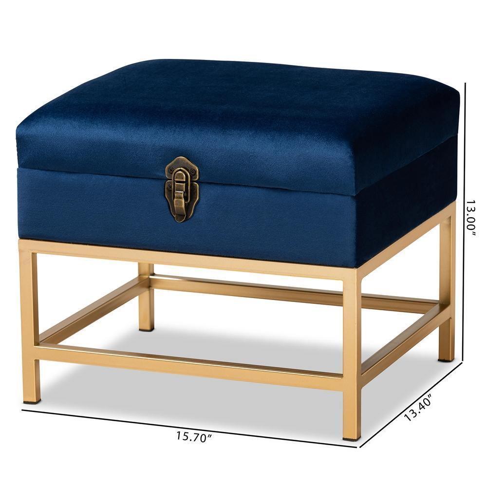 Aliana Glam and Luxe Navy Blue Velvet Fabric Upholstered and Gold Finished Metal Small Storage Ottoman FredCo