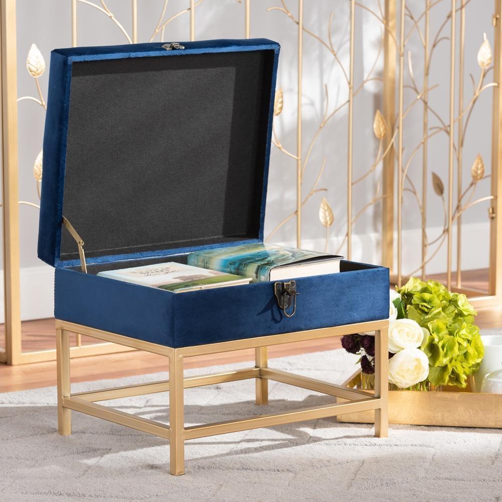 Aliana Glam and Luxe Navy Blue Velvet Fabric Upholstered and Gold Finished Metal Small Storage Ottoman FredCo