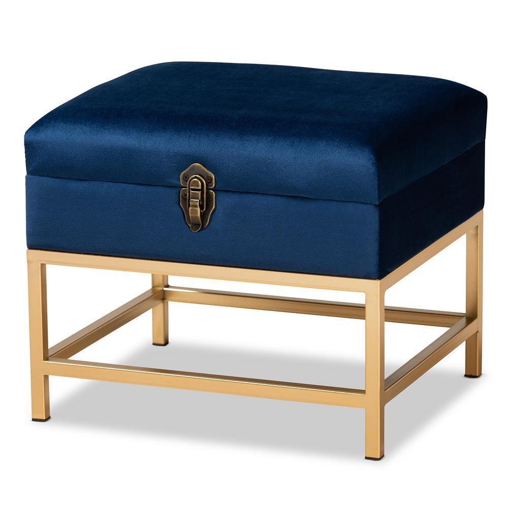 Aliana Glam and Luxe Navy Blue Velvet Fabric Upholstered and Gold Finished Metal Small Storage Ottoman FredCo