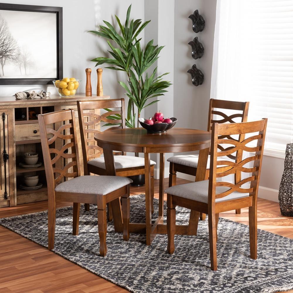 Alicia Modern and Contemporary Grey Fabric Upholstered and Walnut Brown Finished Wood 5-Piece Dining Set FredCo
