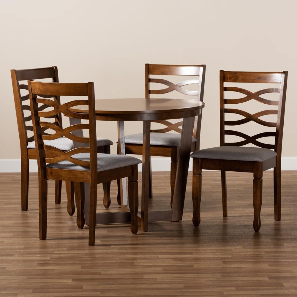 Alicia Modern and Contemporary Grey Fabric Upholstered and Walnut Brown Finished Wood 5-Piece Dining Set FredCo