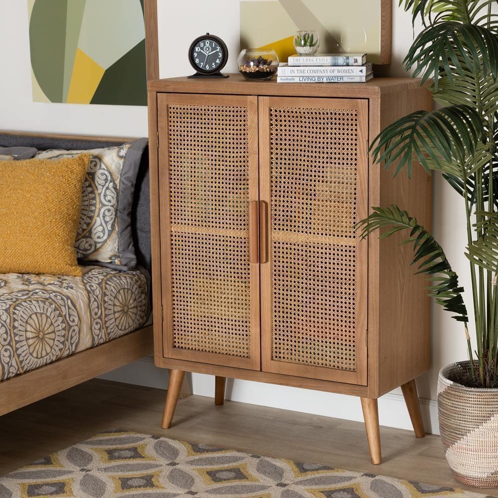 Alina Mid-Century Modern Medium Oak Finished Wood and Rattan 2-Door Accent Storage Cabinet FredCo