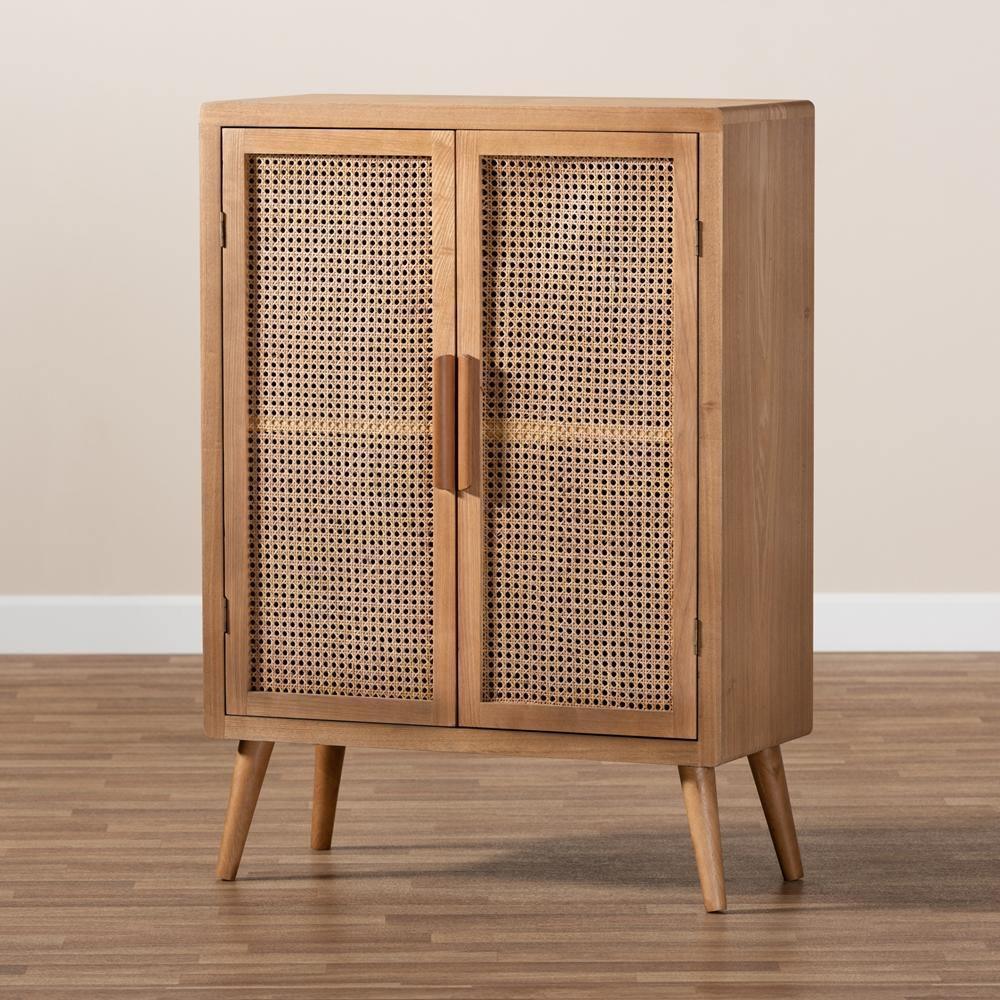 Alina Mid-Century Modern Medium Oak Finished Wood and Rattan 2-Door Accent Storage Cabinet FredCo