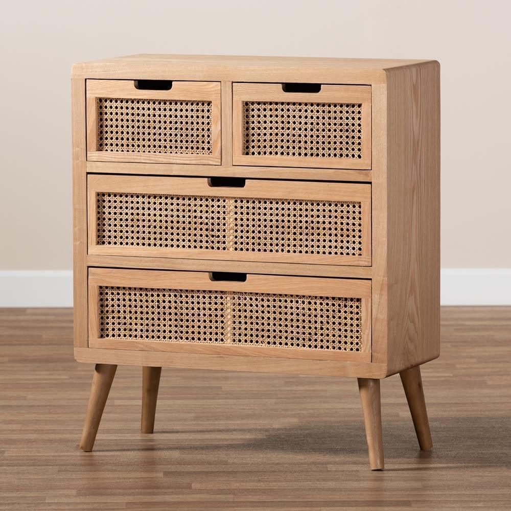 Alina Mid-Century Modern Medium Oak Finished Wood and Rattan 4-Drawer Accent Storage Cabinet FredCo