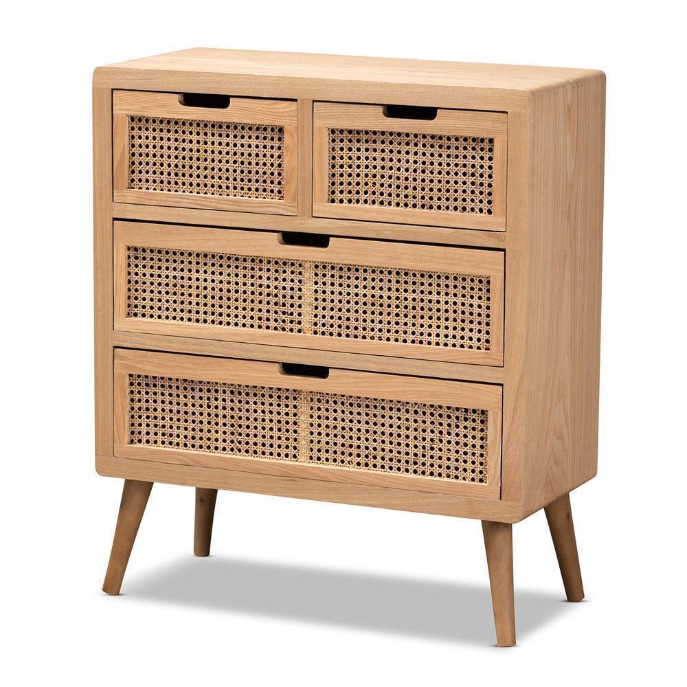 Alina Mid-Century Modern Medium Oak Finished Wood and Rattan 4-Drawer Accent Storage Cabinet FredCo