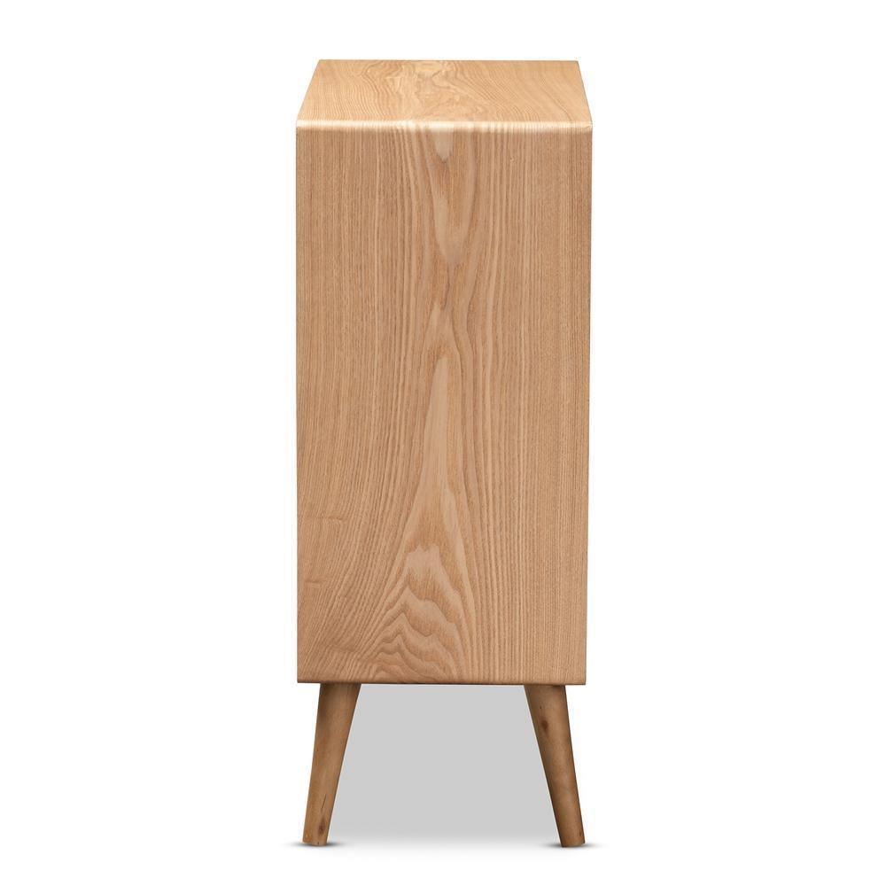 Alina Mid-Century Modern Medium Oak Finished Wood and Rattan 4-Drawer Accent Storage Cabinet FredCo