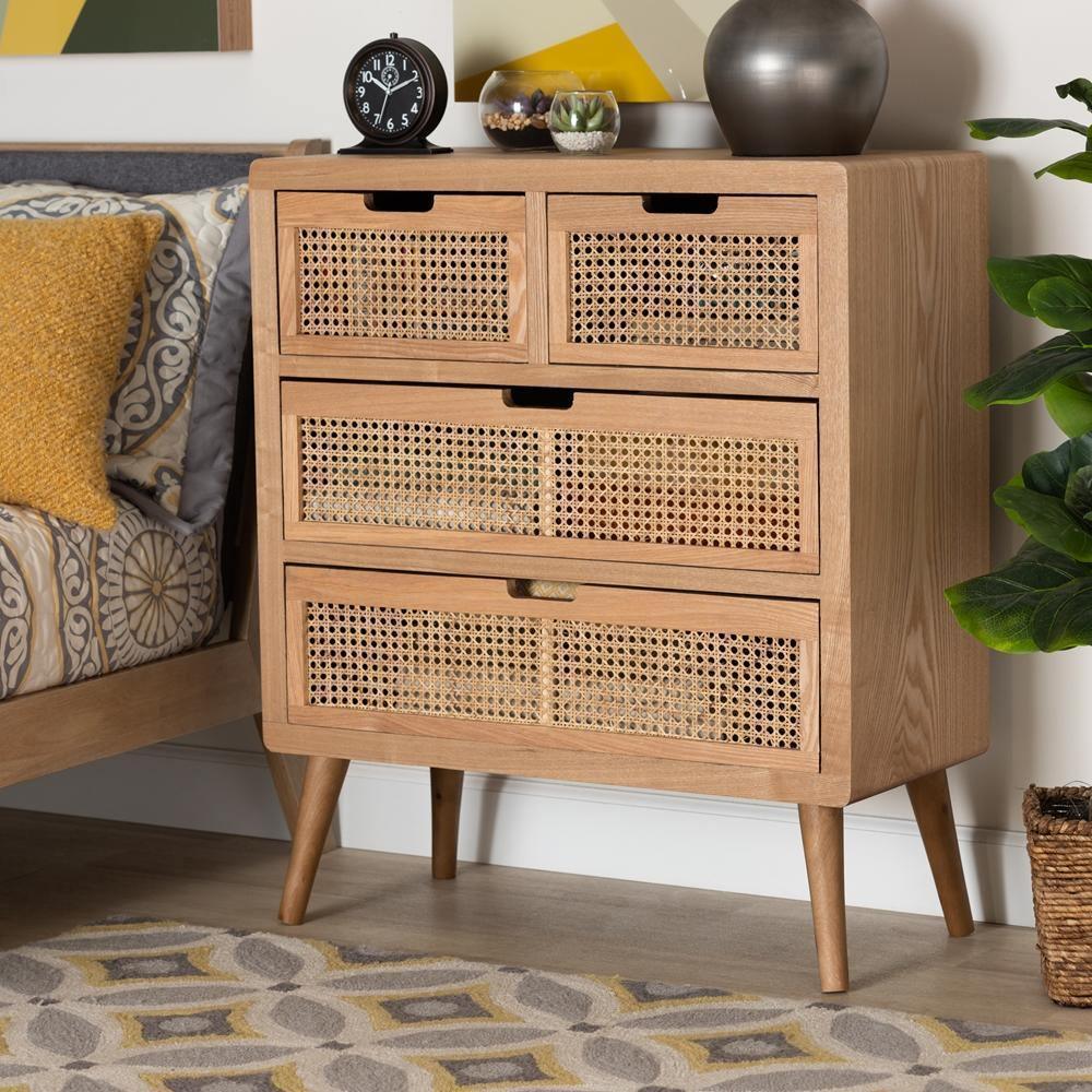 Alina Mid-Century Modern Medium Oak Finished Wood and Rattan 4-Drawer Accent Storage Cabinet FredCo