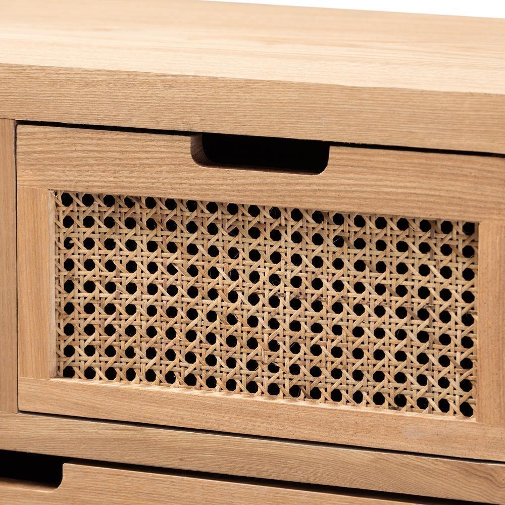 Alina Mid-Century Modern Medium Oak Finished Wood and Rattan 4-Drawer Accent Storage Cabinet FredCo