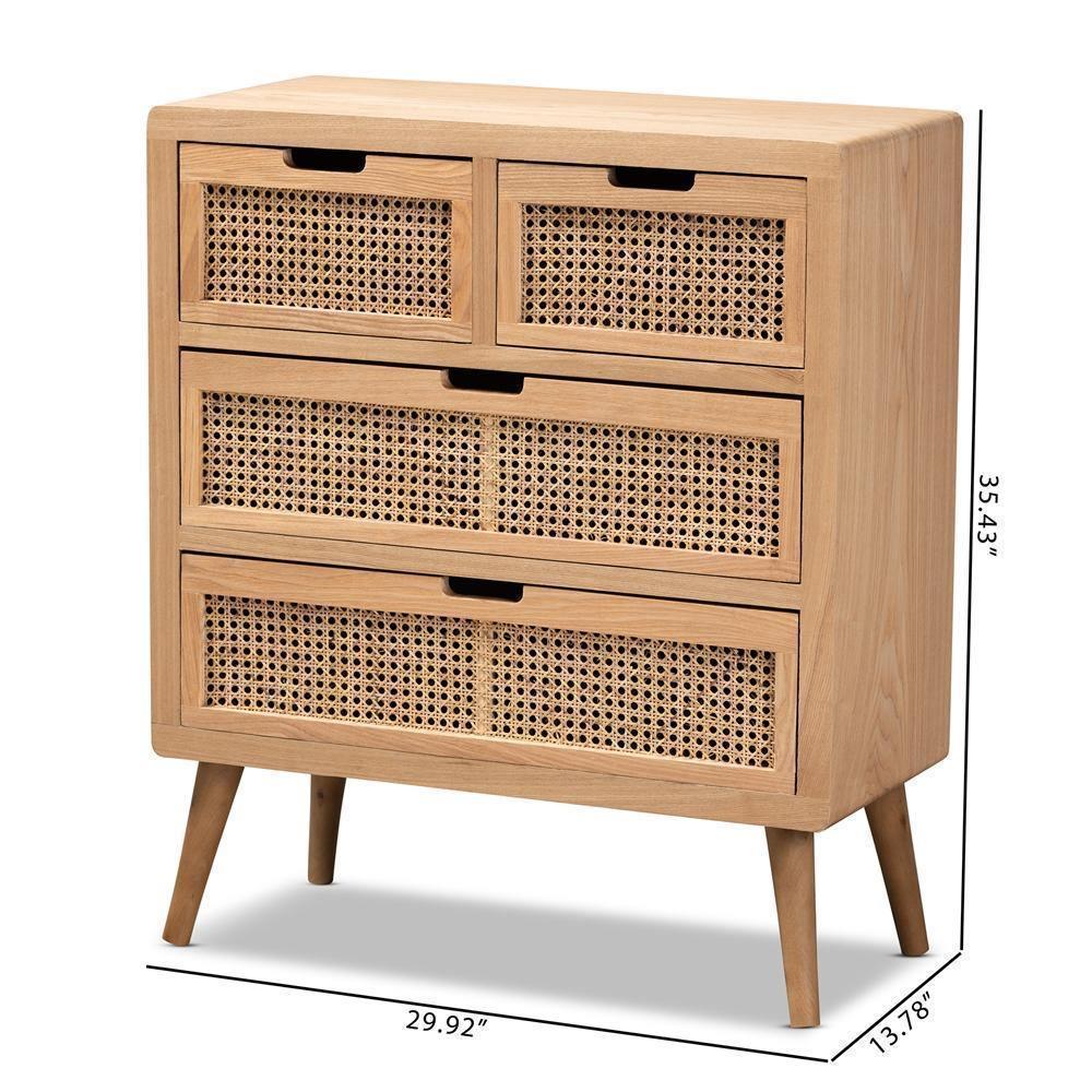 Alina Mid-Century Modern Medium Oak Finished Wood and Rattan 4-Drawer Accent Storage Cabinet FredCo